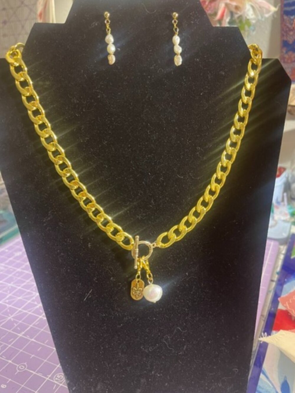 18K Gold Plated Necklace & Earrings Set Genuine Coin Baroque Pearls Fleur de Lis